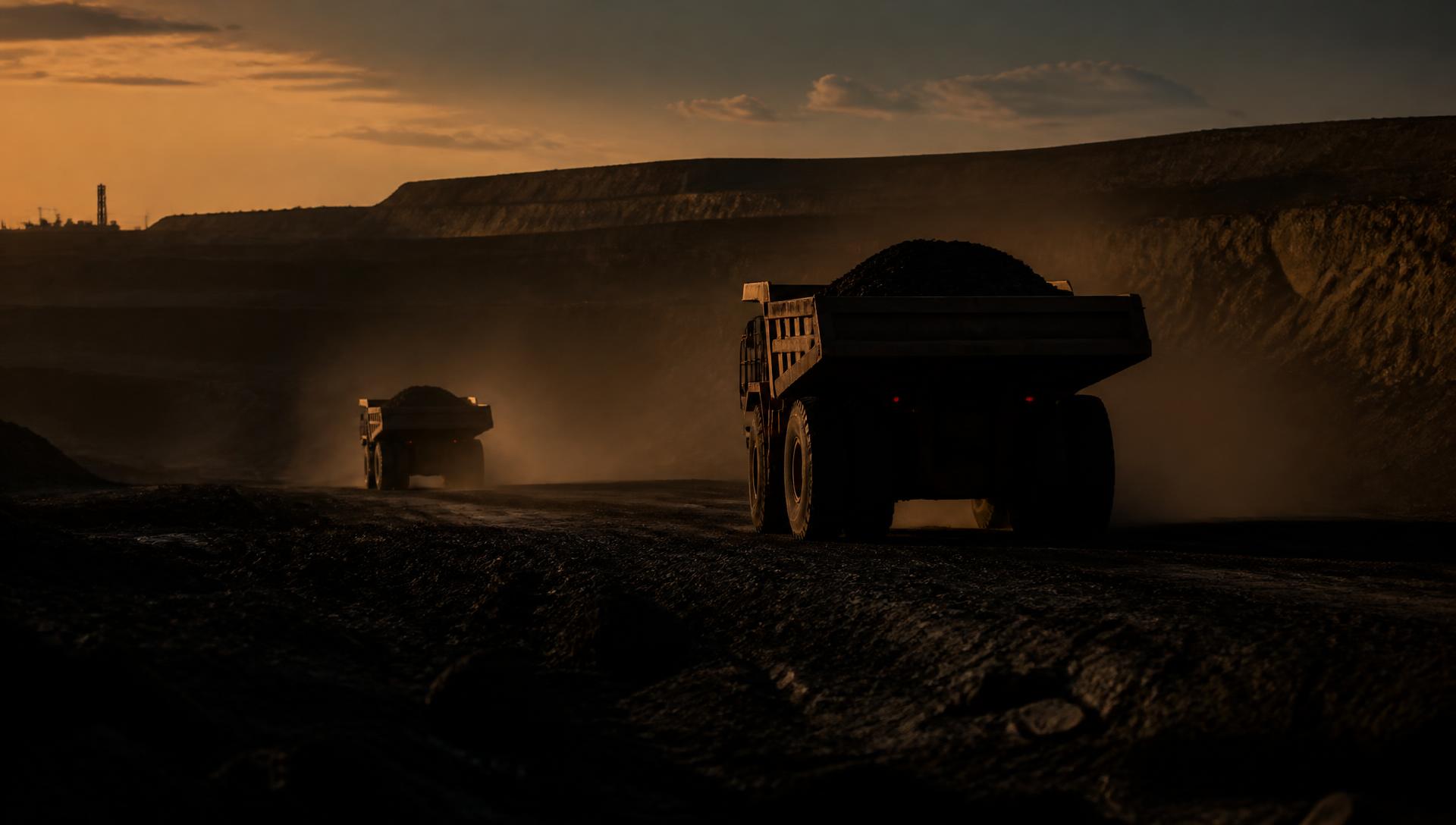 Camions miniers au crépuscule