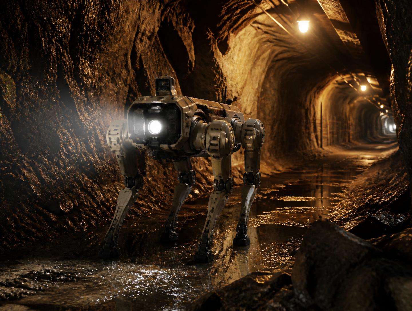 Robot quadrupède dans une galerie souterraine