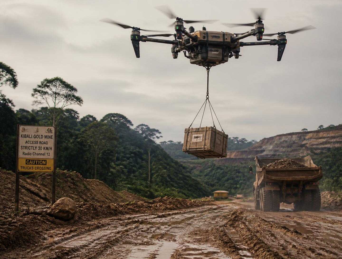 Drone cargo transportant une charge au-dessus d'une piste minière